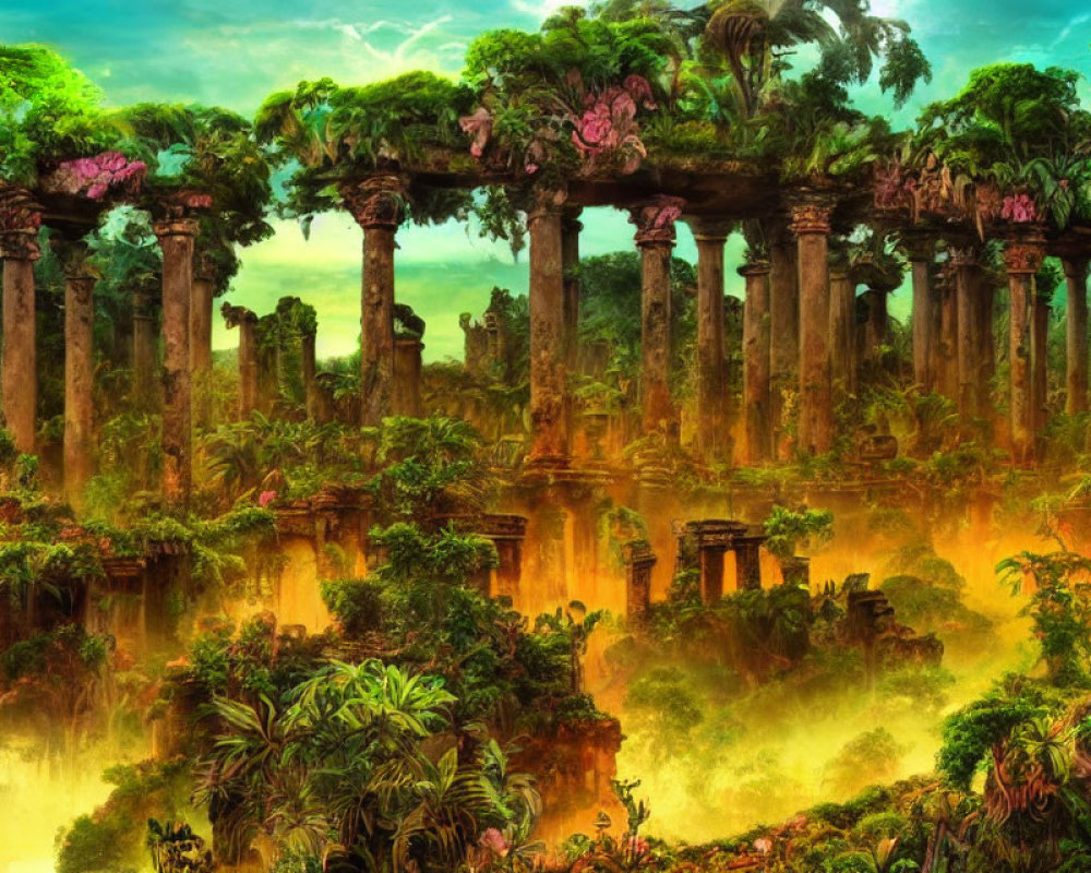 Mystical jungle with ancient ruins and towering trees