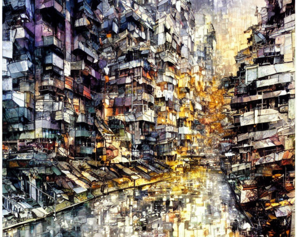 Colorful watercolor painting of a bustling urban area with overlapping buildings.