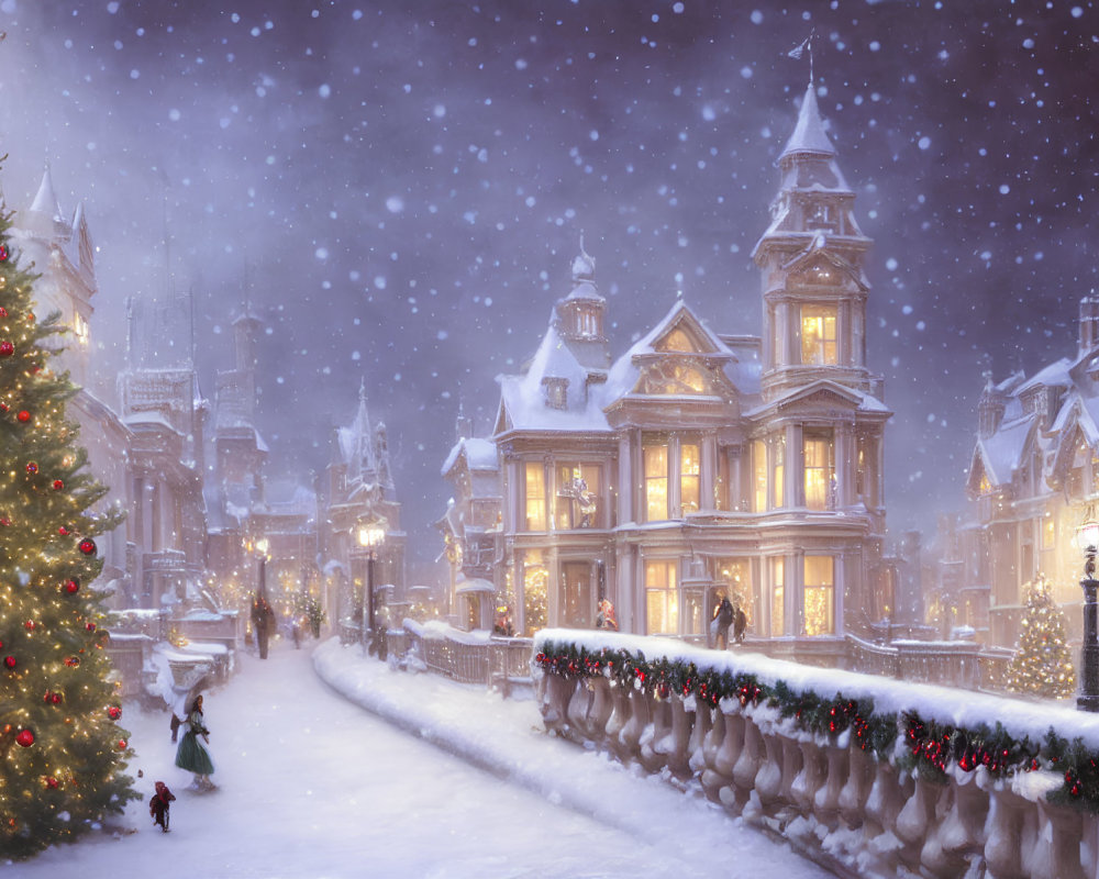 Snow-covered street with Victorian buildings, Christmas tree, and people in snowfall