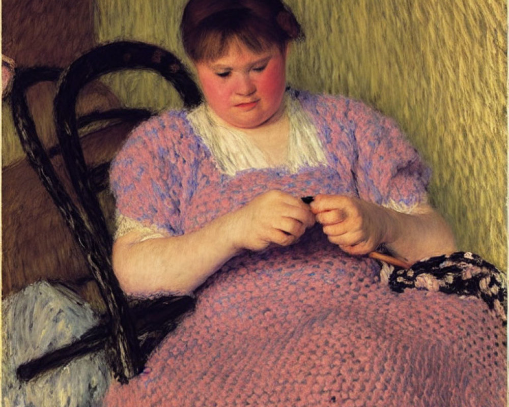 Young woman in pink and blue dress sewing artwork.