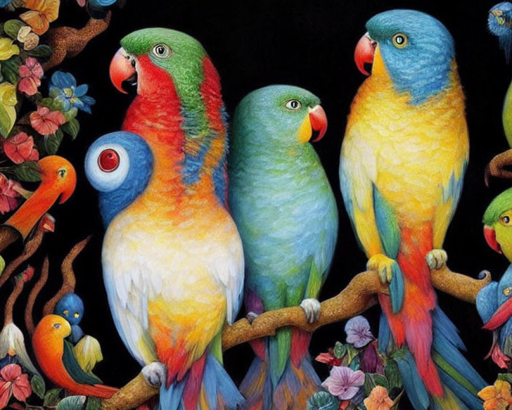 Various Species of Colorful Parrots on Branch with Flowers