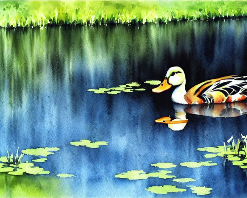 Tranquil pond scene: vibrant watercolor ducks and lily pads