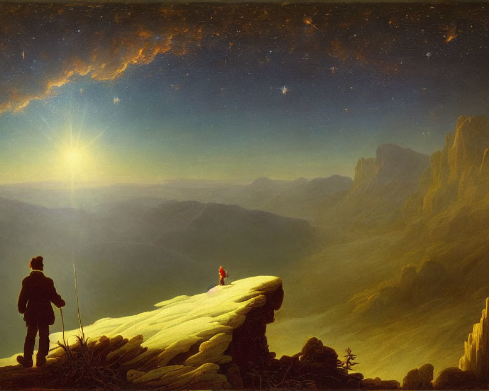 Person on rocky outcrop gazes at sunrise over mountains under starry sky.