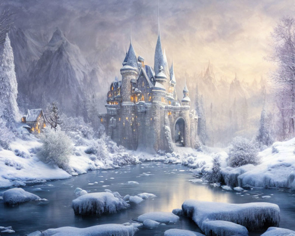 Majestic castle in serene winter landscape