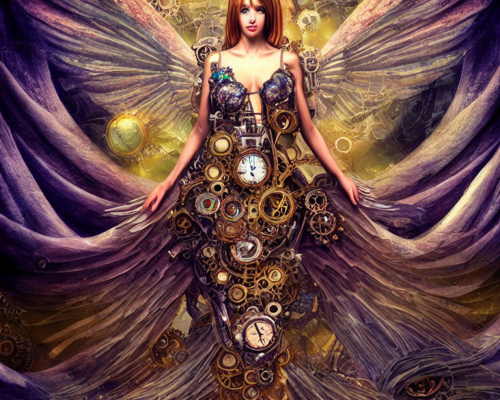 Steampunk-inspired image of woman with mechanical wings and clock-adorned dress