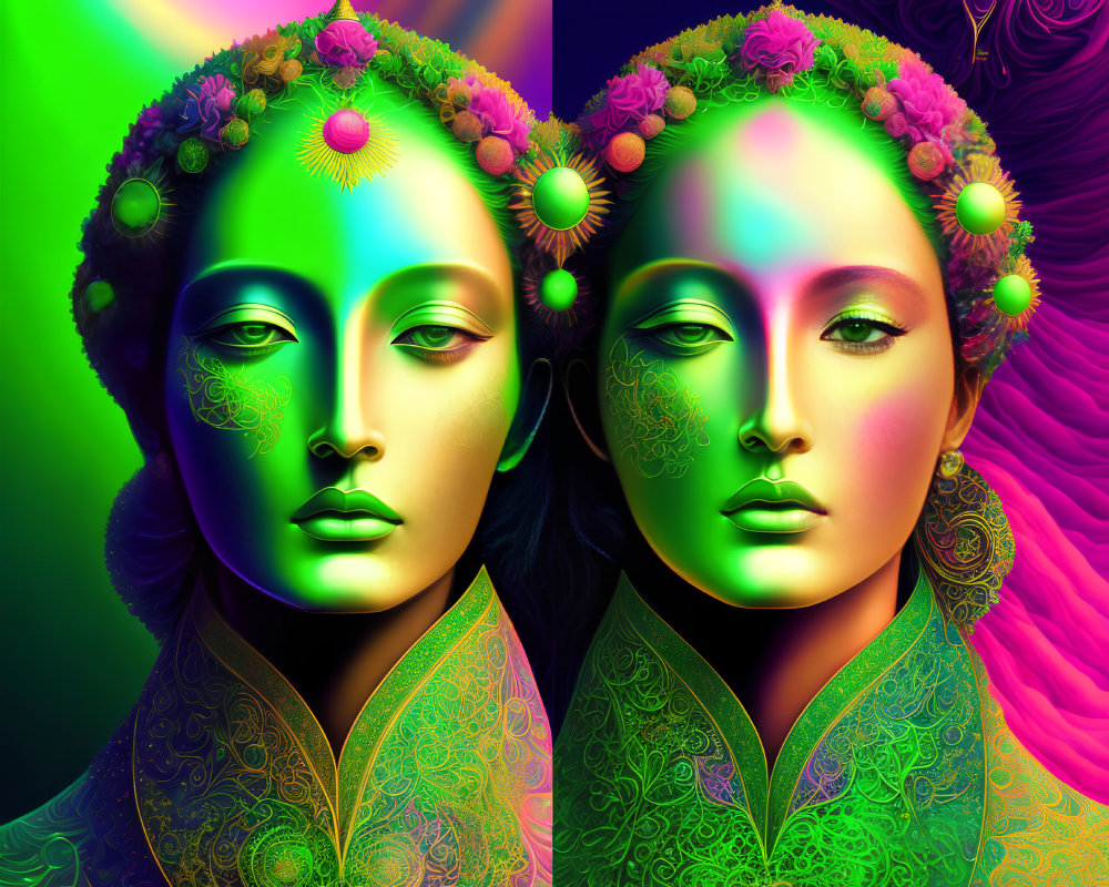 Symmetrical faces with floral crowns in vibrant digital art