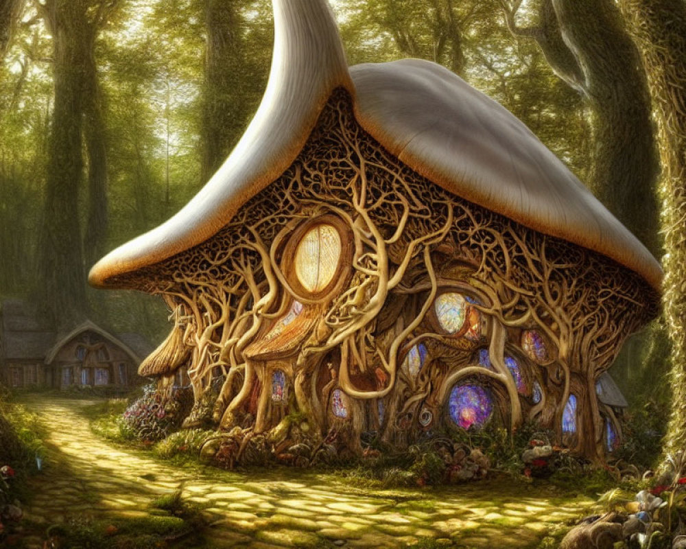 Detailed Mushroom House in Enchanting Forest Setting