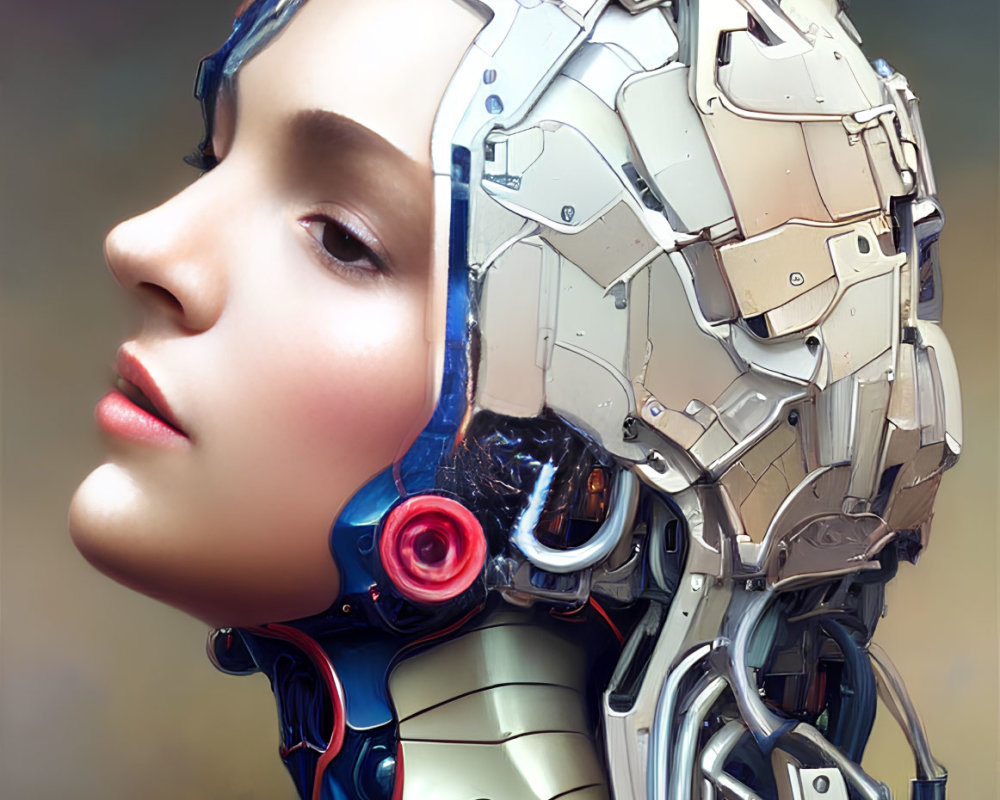 Detailed Futuristic Female Android with Mechanical Head and Human Face