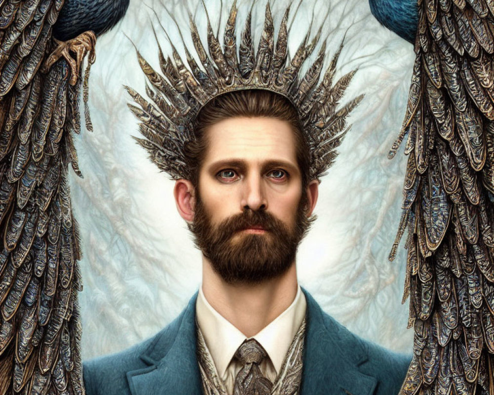 Man in suit with peacock feather crown and two peacocks.