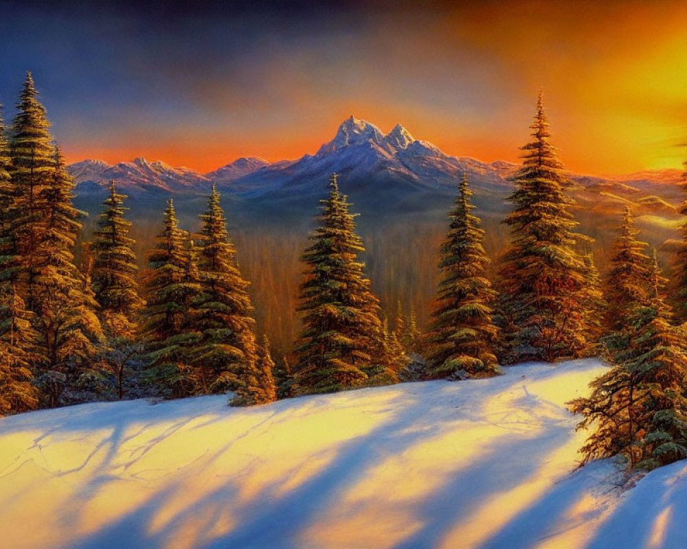 Snowy forest sunset with long shadows, mountain, vibrant orange sky