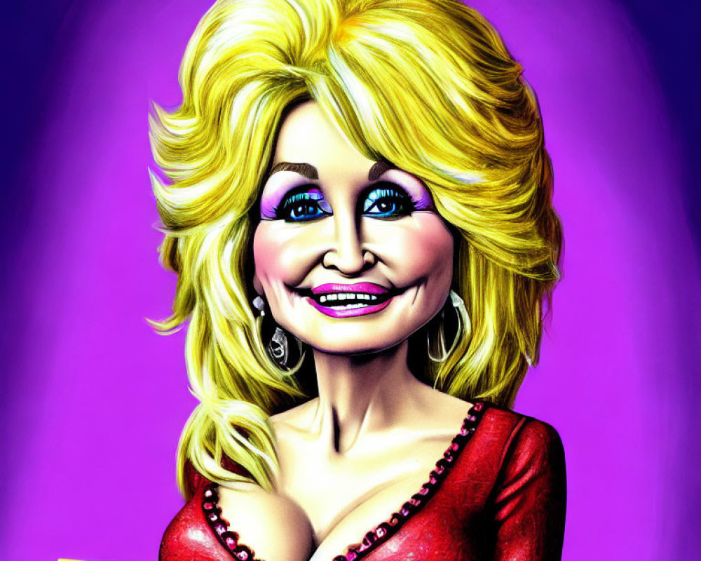 Smiling woman with blonde hair and blue eyeshadow on purple background