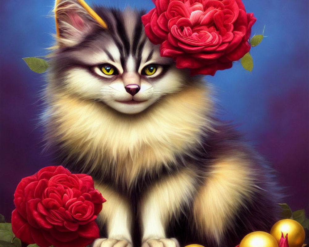 Digital painting of fluffy cat with red roses and golden orbs