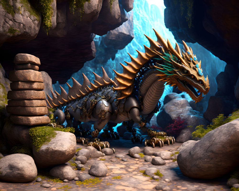 Armored dragon with gleaming scales in rocky cavern