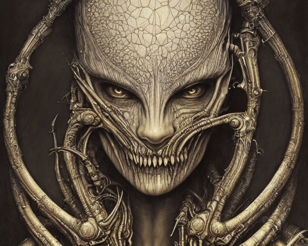 Biomechanical creature with cracked skull-like face in metallic frame