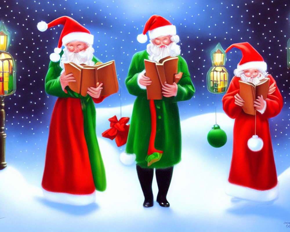 Three Festive Santa Claus Figures with Lanterns and Gifts in Snowy Scene