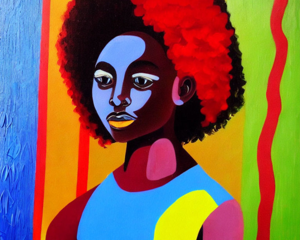 Colorful portrait of person with blue face and red afro hair on multicolored top, set