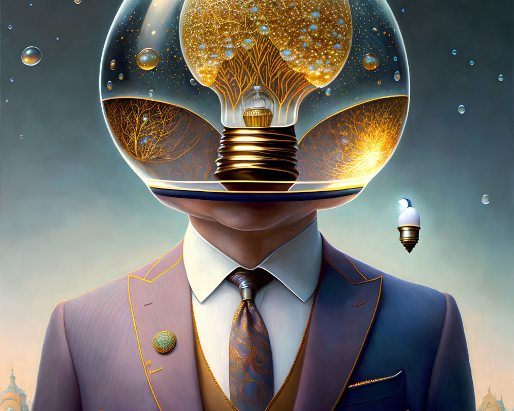 Surreal artwork: person in suit with light bulb head, tree and cityscape, bubbly