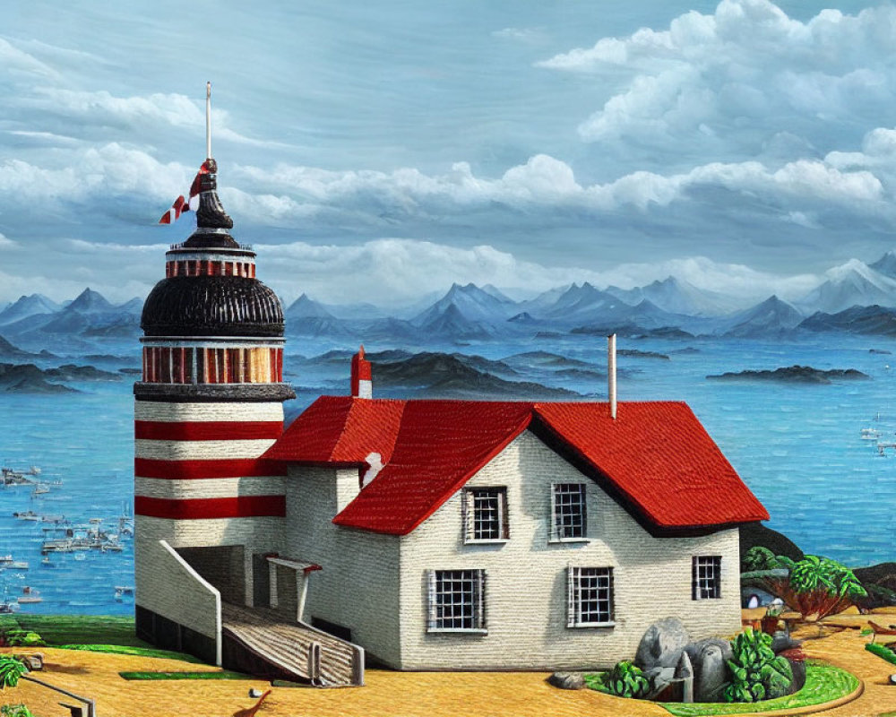 Miniature red and white lighthouse beside small red roofed house with mountain backdrop