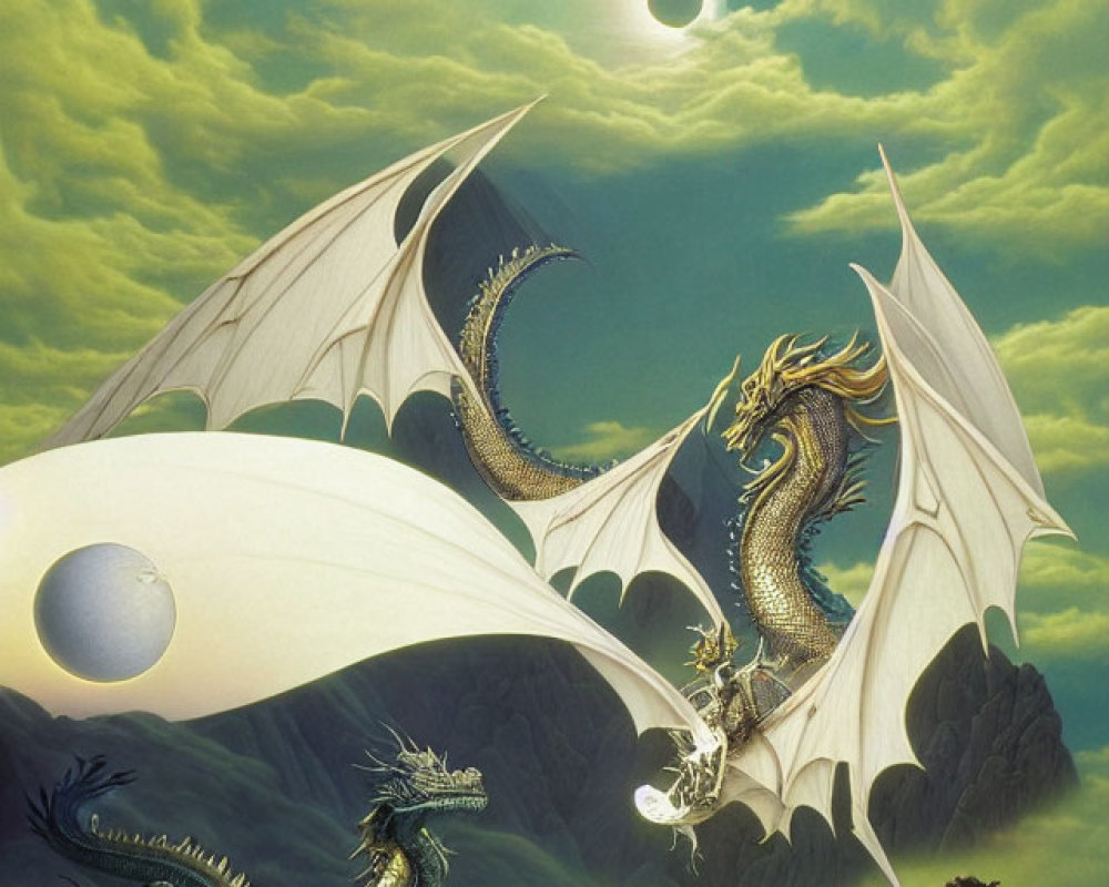 Golden dragon with large wings on rocky outcrop under green sky with moons