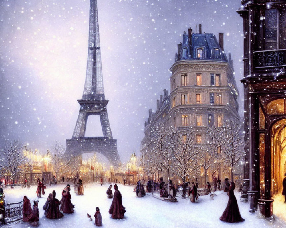 Snowy Evening in Paris: Period-Clothed Figures by Eiffel Tower