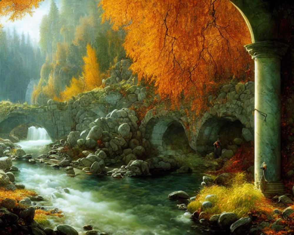 Scenic autumn landscape with river, bridges, golden trees, and ancient ruins