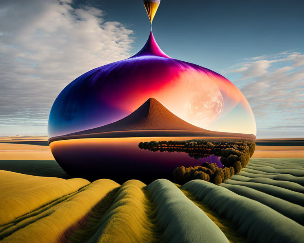 Vibrant sand dunes and colorful structure in surreal landscape