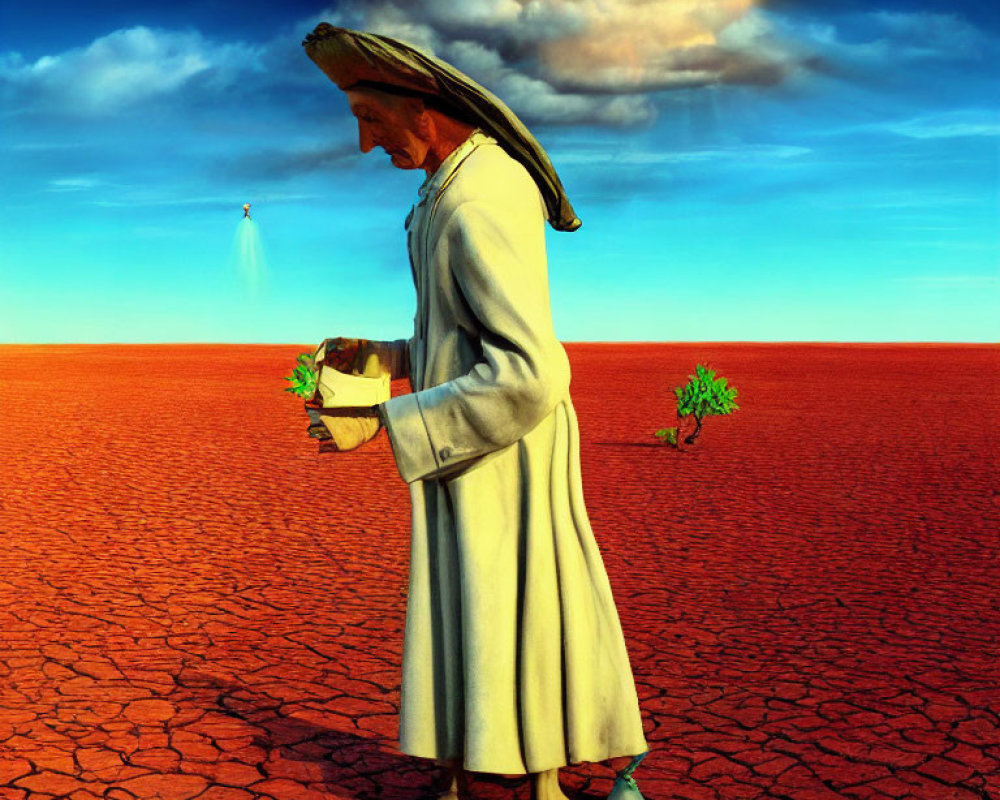 Surreal desert landscape with cloaked figure, green plant, dove, and illuminated figure