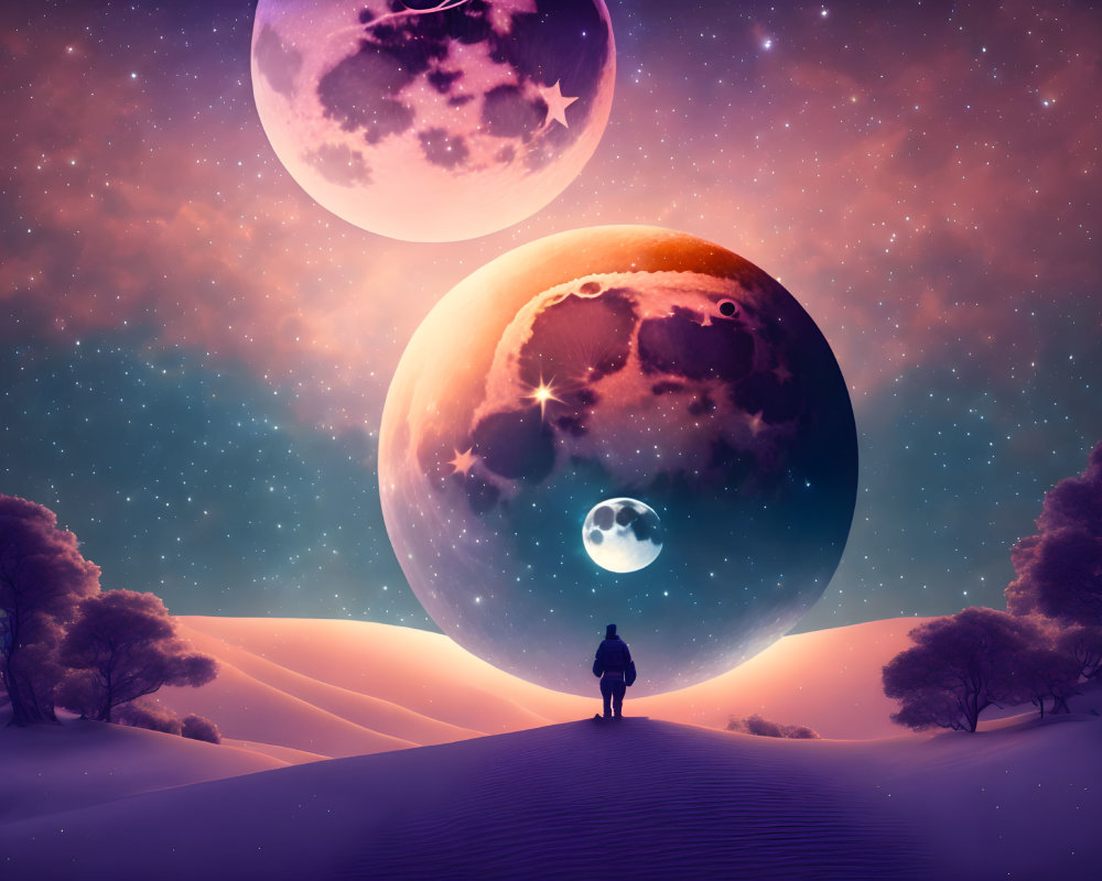 Person on Pathway Towards Surreal Landscape with Oversized Moons and Stars