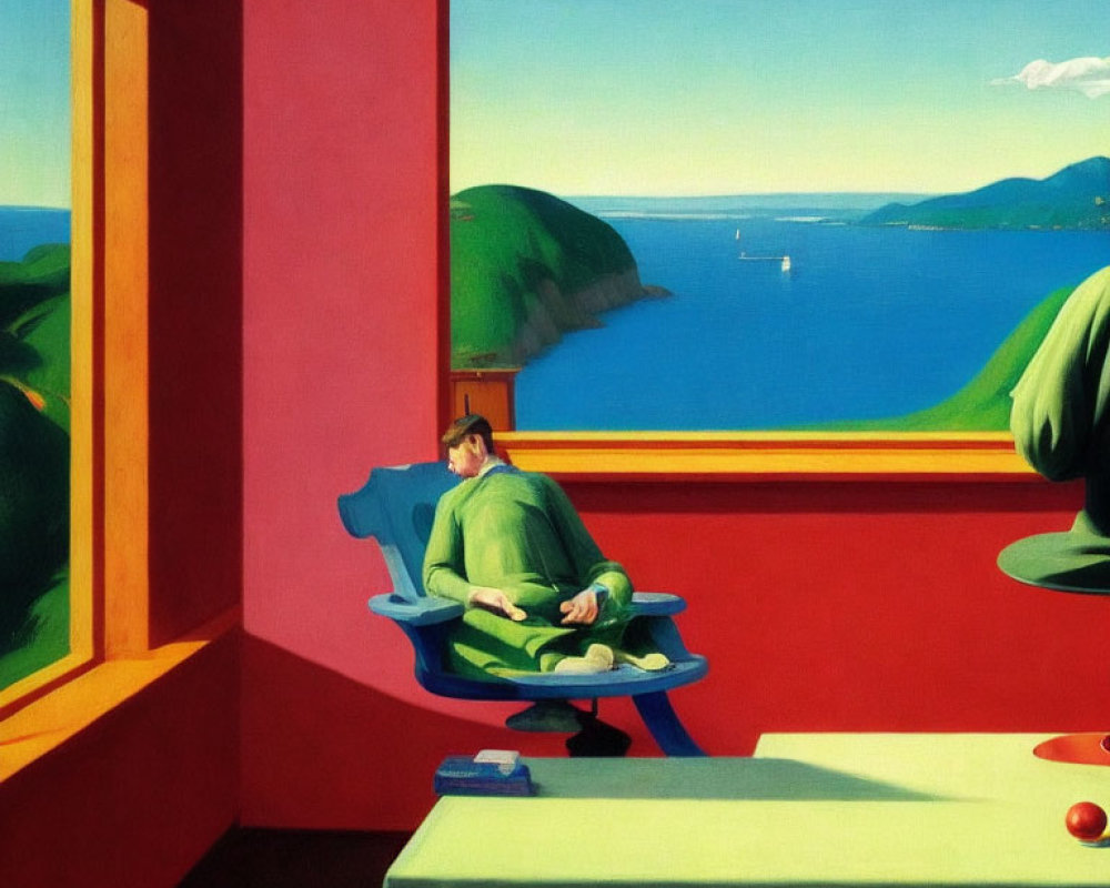 Person reclining by open window overlooking calm blue sea and sailboat in vividly colored room