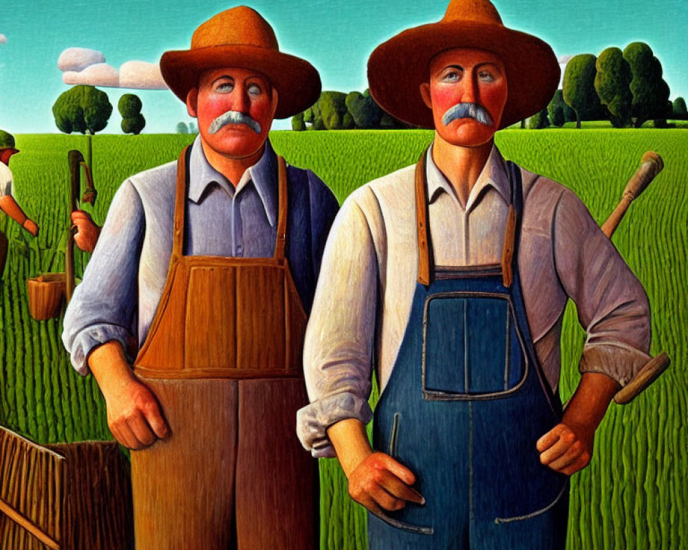 Two mustachioed farmers with pitchforks in front of field under blue sky.