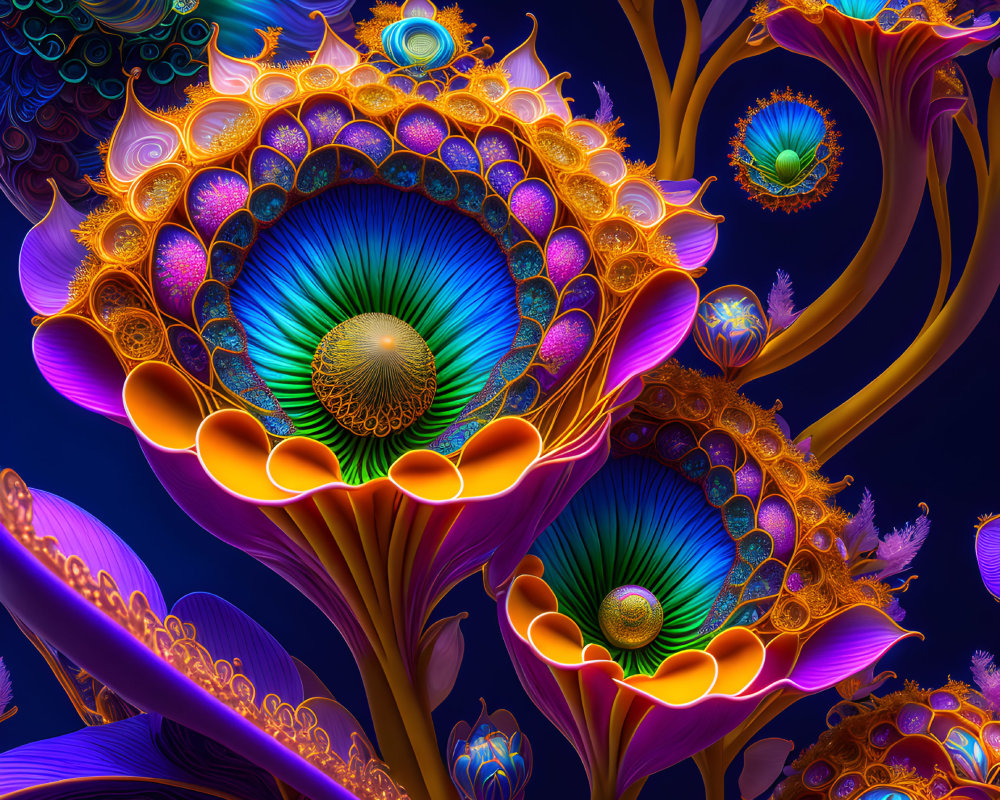 Colorful Abstract Floral Fractal Art on Dark Background