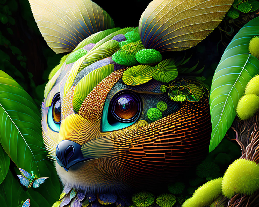 Anthropomorphic Fox Artwork with Botanical Patterns and Butterflies