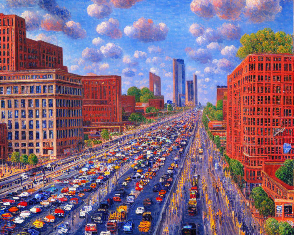 Colorful cityscape painting with busy traffic and skyscrapers under blue sky