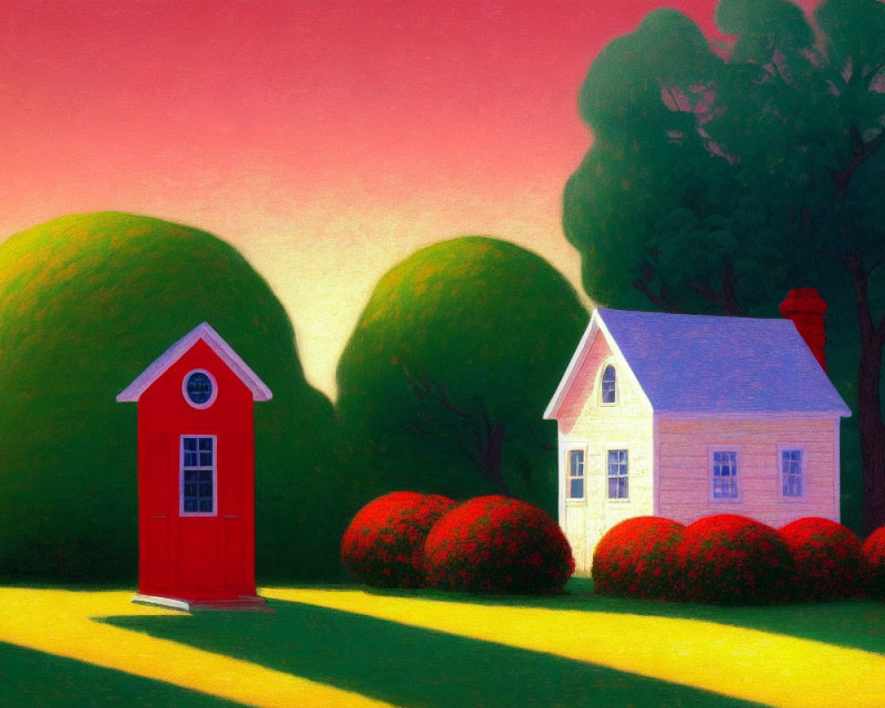 Whimsical landscape with red door, white house, green hills, and lush trees