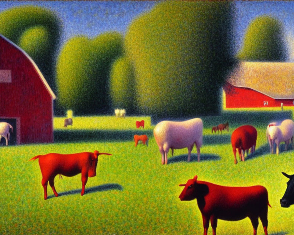 Colorful pastoral scene with sheep, cows, barn, farmhouse, and trees under blue sky