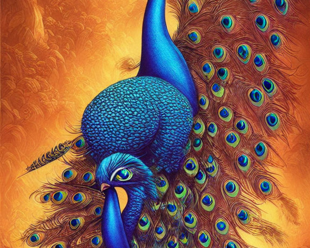Colorful Peacock Illustration with Dazzling Eyespots on Golden Background