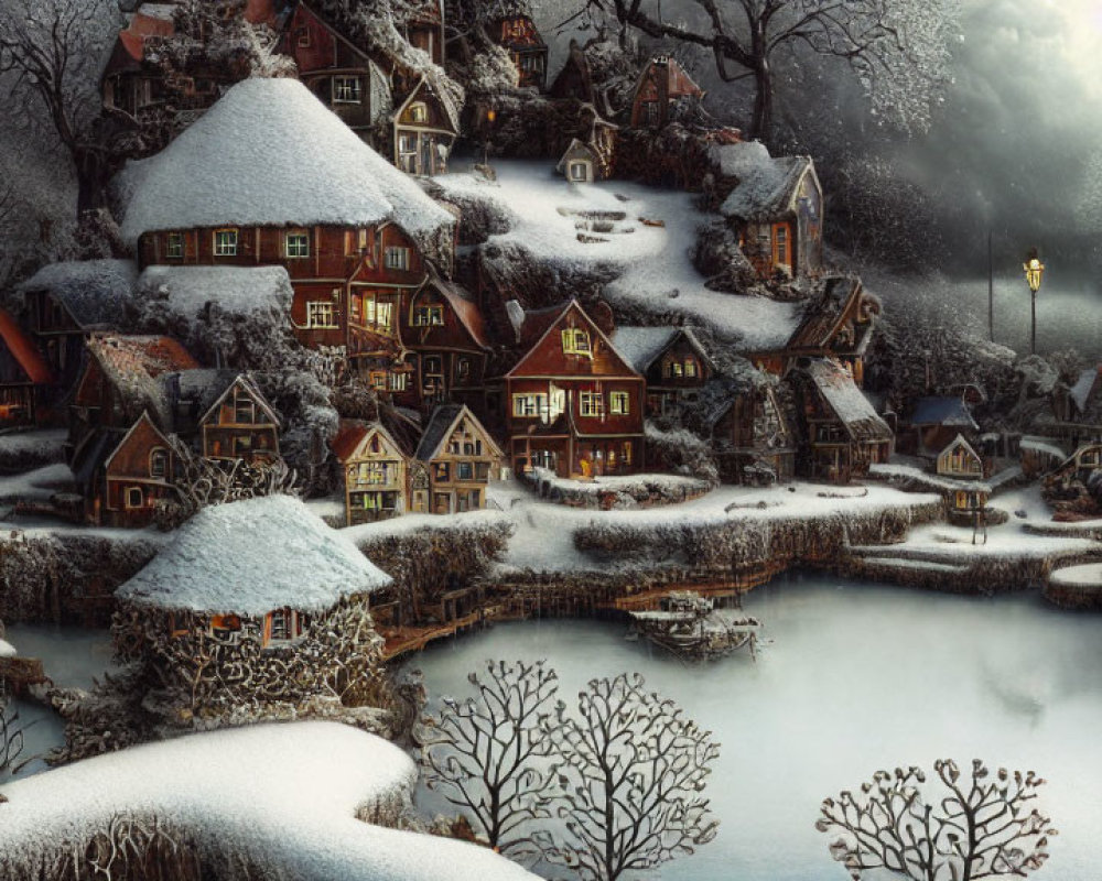 Snow-covered village with traditional houses by frozen river at twilight