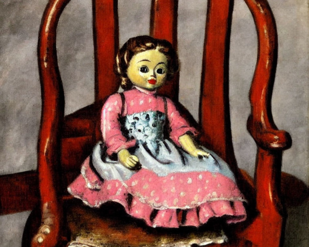 Painted Face Antique Doll in Pink Polka Dot Dress on Wooden Chair