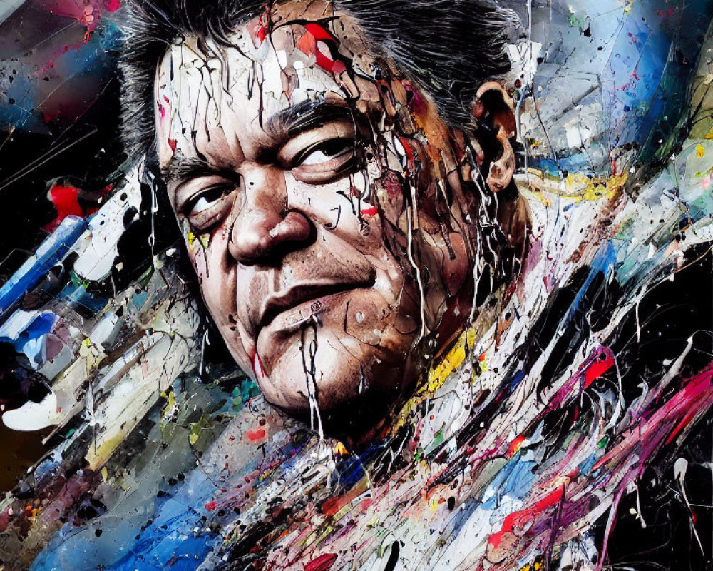 Vibrant abstract art: Man's face with intense expression, colorful splashes and streaks.