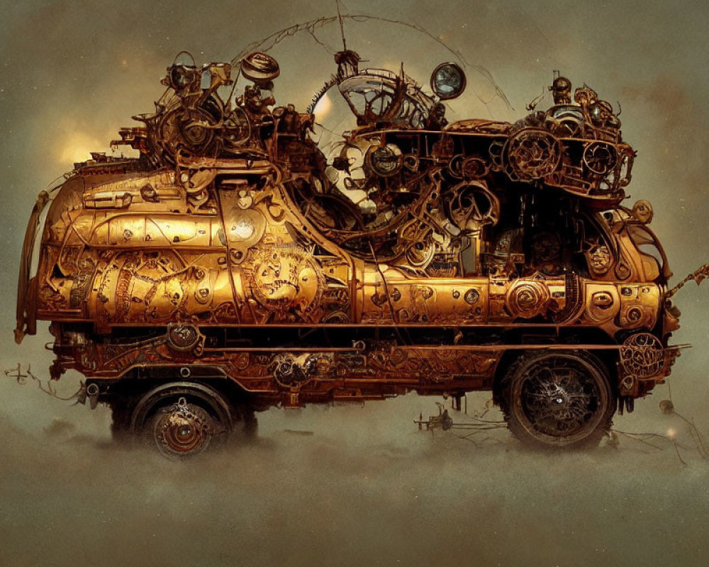 Intricately designed steampunk vehicle with gears on sepia background