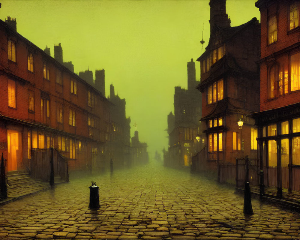 Twilight cobblestone street with old buildings and glowing streetlamps