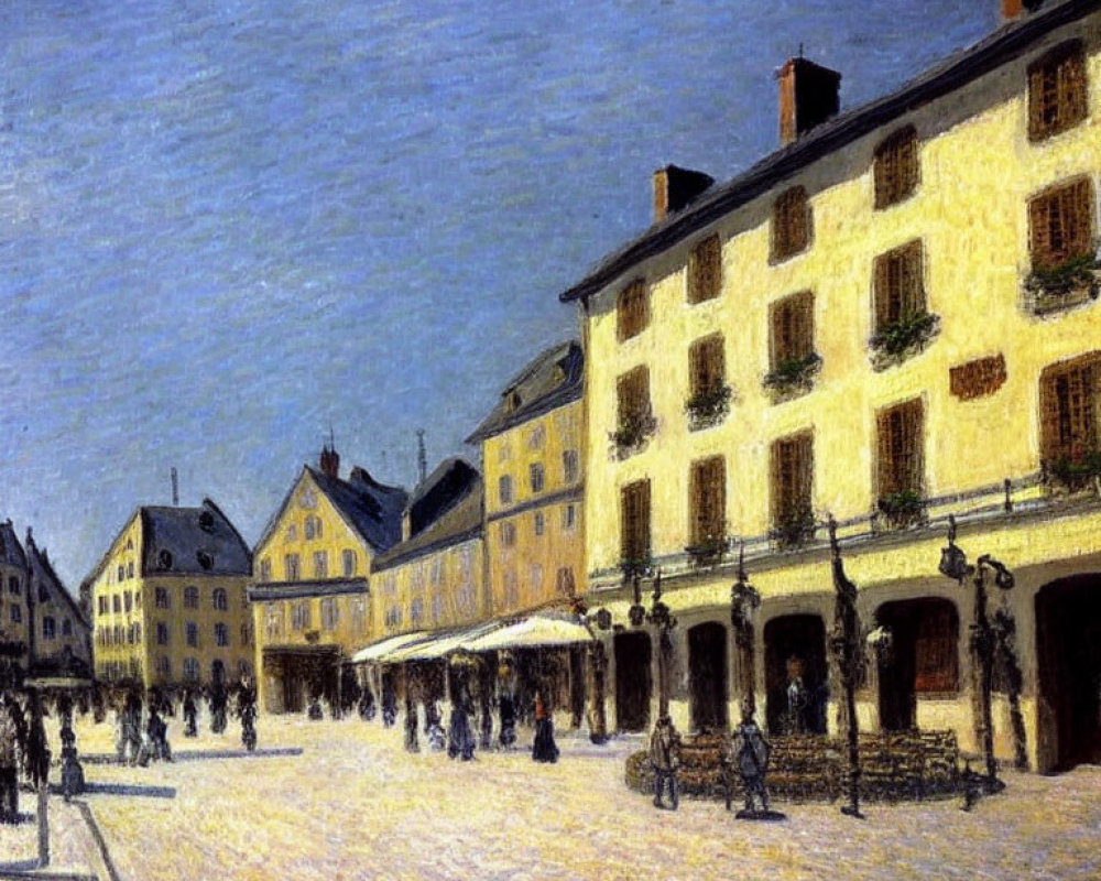 Impressionist Painting of Town Square with People and Yellow Buildings