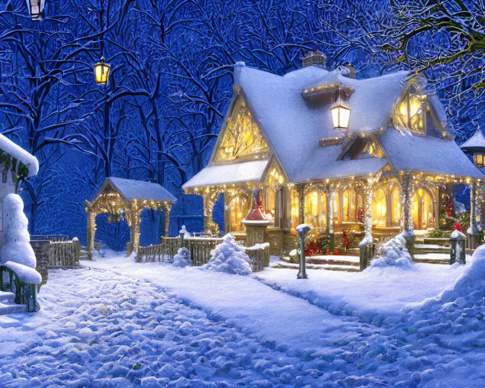 Snowy Winter Night Scene: Cozy Cottage, Decorated Trees, Lamp Post, Benches