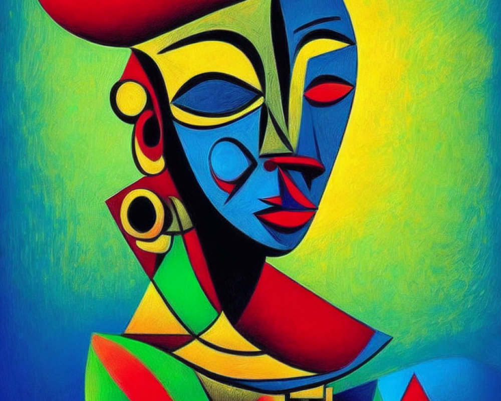 Vibrant cubist human face in bold, colorful abstract art