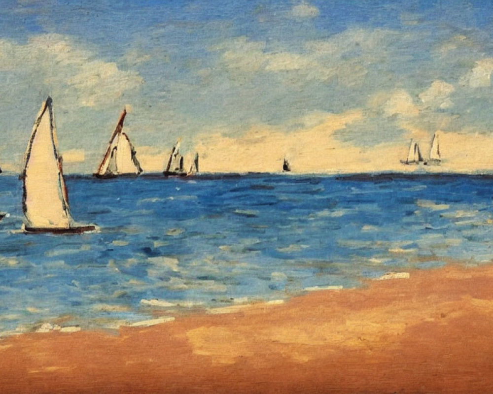 Sailboats painting: vibrant blue sea, golden sandy shore, fluffy white clouds