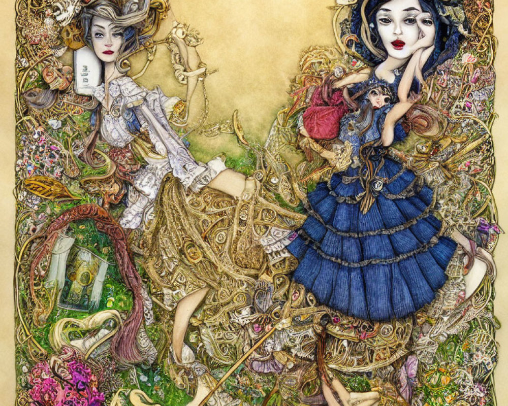 Detailed Artwork of Three Whimsical Female Figures in Fantasy Setting