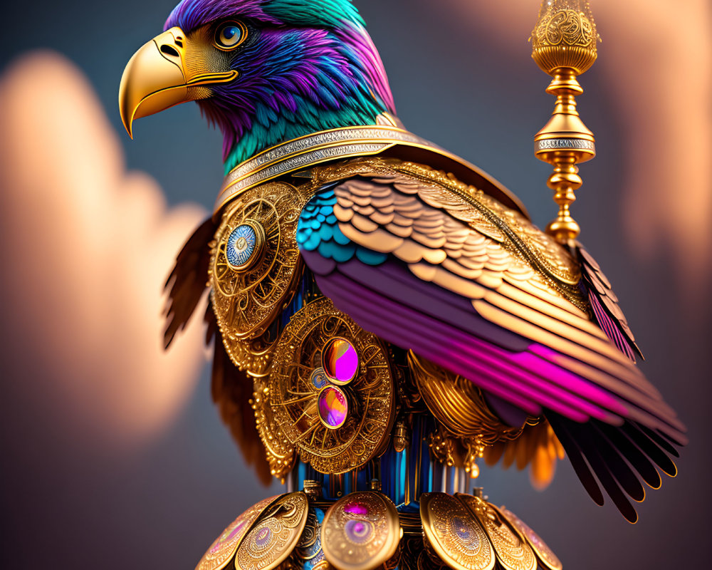 Mechanized eagle digital artwork with purple and gold plumage in steampunk style