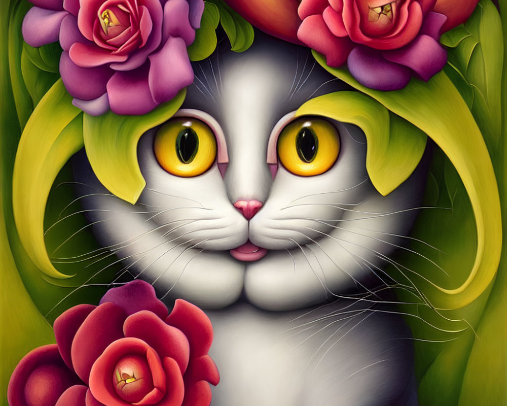 Stylized cat illustration with yellow eyes and floral adornments