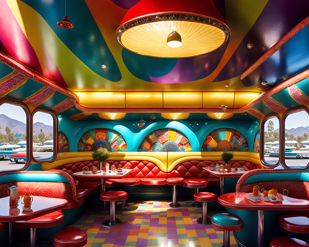 Colorful Psychedelic Decor in Vibrant Diner with Retro Lampshades