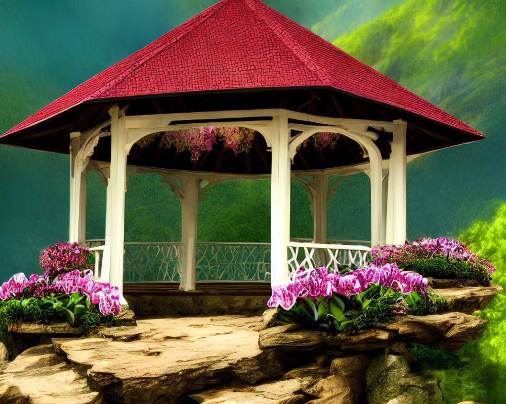 Scenic gazebo with red roof amidst pink flowers and misty green landscape